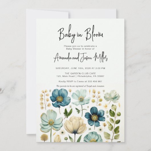 Save The Date Baby in Bloom Baby shower Blue Boy Flowers (Devant)