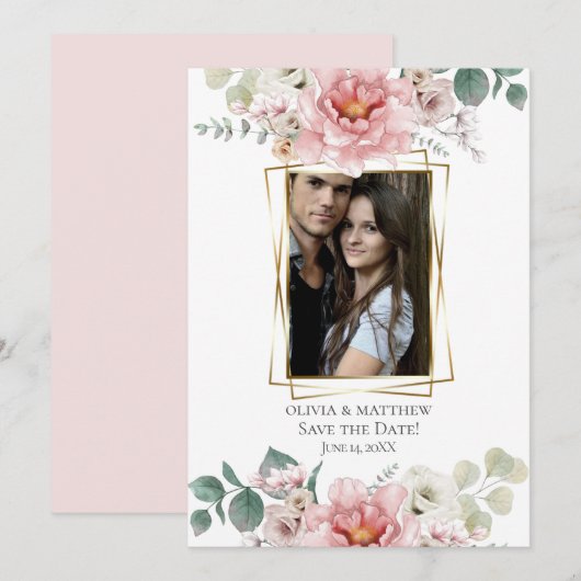Save the date | Baby Pink Peony Flowers Kaart (Voorkant / Achterkant)