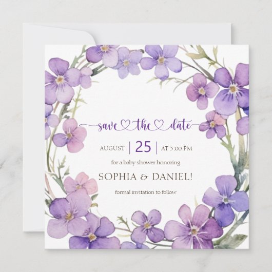 Save The Date Baby shower de fleurs de violet délicates au print (Devant)
