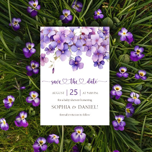 Save The Date Baby shower de fleurs de violet délicates au print