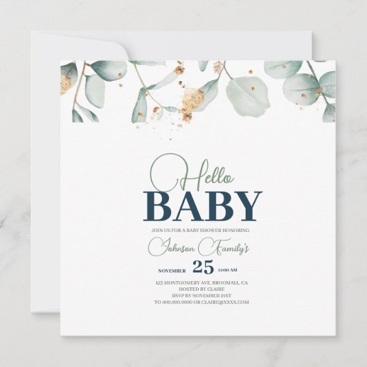 Save The Date Baby shower de verdure Invitation, fleur d'Eucalyp (Devant)