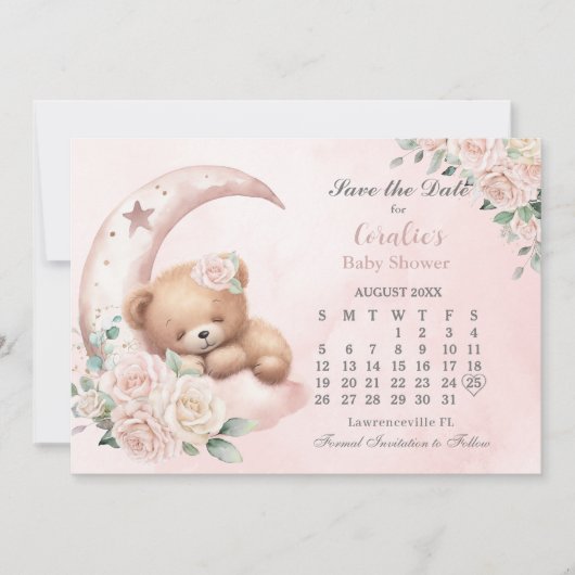 Save The Date Baby shower Floral Blush de l'ours couché mou (Devant)