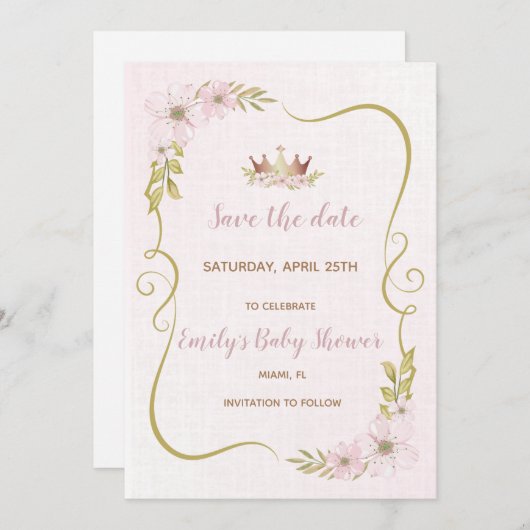 Save The Date Baby shower Princesse enregistrer la date (Devant / Derrière)