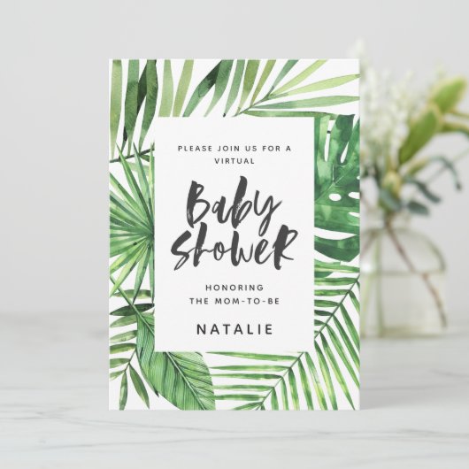 Save The Date Baby shower virtuel Tropical palm leaf script (Debout devant)