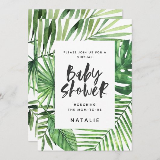 Save The Date Baby shower virtuel Tropical palm leaf script (Devant / Derrière)