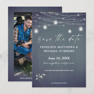 Save The Date Baby's Breath Blue Grey Chalkboard Photo