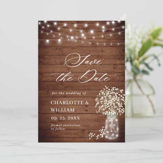 Save The Date Baby's Breath Mason Jar Rustic Mariage QR code (Debout devant)