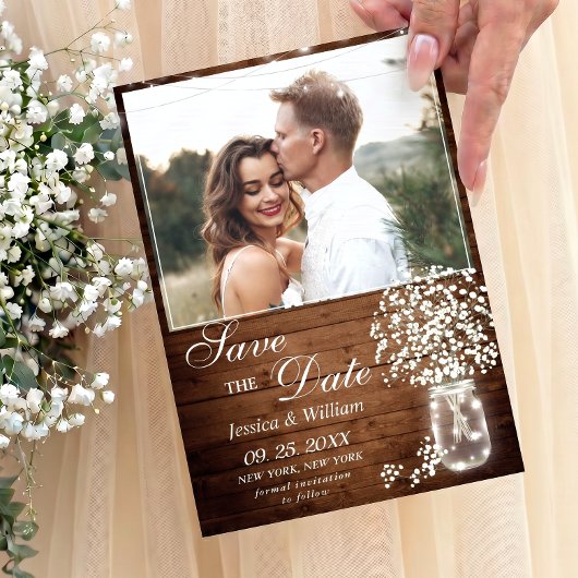 Save The Date Baby's Breath Pot Mason Rustique Photo Mariage
