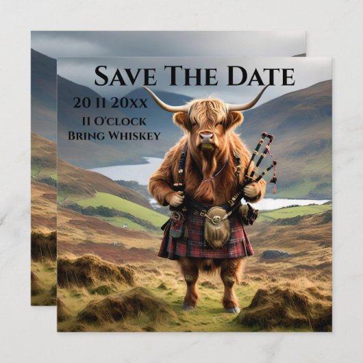 Save The Date Bagpiper de vache écossaise Highland (Devant / Derrière)