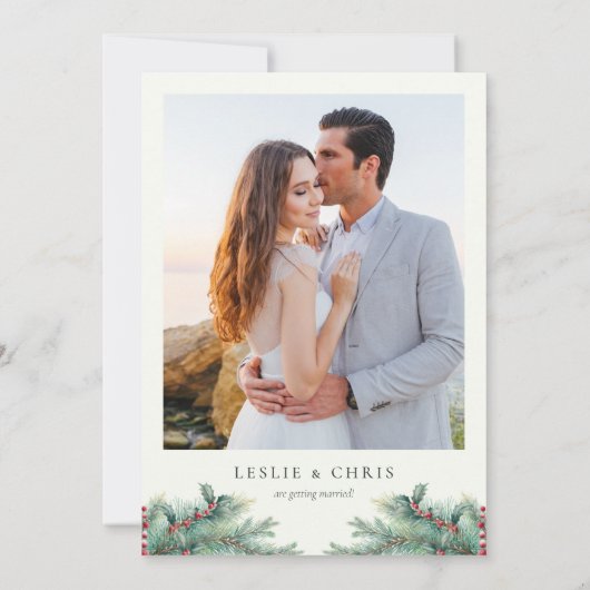 Save The Date Baies d'hiver et Pine Aquarelle Végétation Photo (Dos)