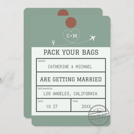 Save The Date Balise de bagage verte Sage Enregistrer la date (Devant / Derrière)