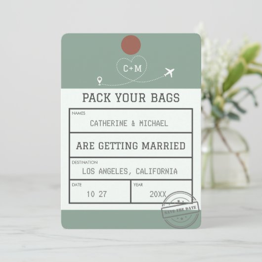 Save The Date Balise de bagage verte Sage Enregistrer la date (Debout devant)