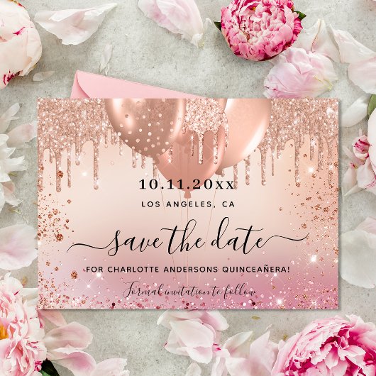 Save The Date Ballons d'or rose quinceanera