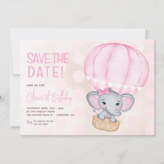 Save The Date Ballons Eléphant Rose mignon 1er anniversaire (Devant)