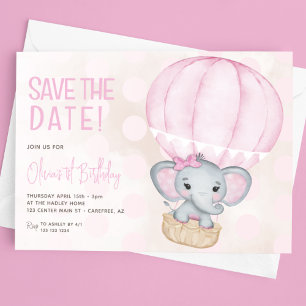 Save The Date Ballons Eléphant Rose mignon 1er anniversaire