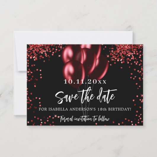Save The Date Ballons rouges noirs confetti fête d'anniversaire (Devant)
