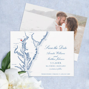 Save The Date Baltimore Maryland Mariage Elegant Marine Blue Map