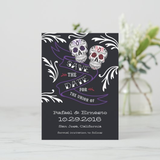 Save The Date Bannière à crâne de sucre Filigree Enregistrer la  (Debout devant)