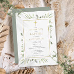 Save The Date Baptême Christening Aquarelle Verdure<br><div class="desc">Doté de feuilles d'aquarelle délicats et d'un élégant crucifix en or,  ce baptême ou baptême chic sans sexe,  sauf l'invitation à la date,  peut être personnalisé avec vos informations spéciales,  avec un arrière - plan à la sauge en argent au verso. Conçu par Thisisnotme©</div>