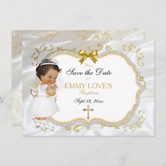 Save The Date Baptême de fille Bébé Enregistrer Date Croix d'or  (Devant / Derrière)