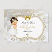 Save The Date Baptême de fille Bébé Enregistrer Date Croix d'or  (Devant / Derrière)