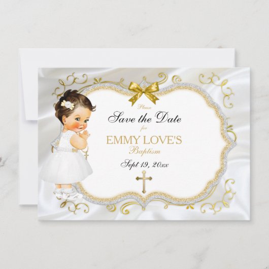Save The Date Baptême de fille Bébé Enregistrer Date Croix d'or  (Devant)