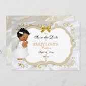 Save The Date Baptême de fille Bébé Enregistrer Date Croix d'or  (Devant / Derrière)
