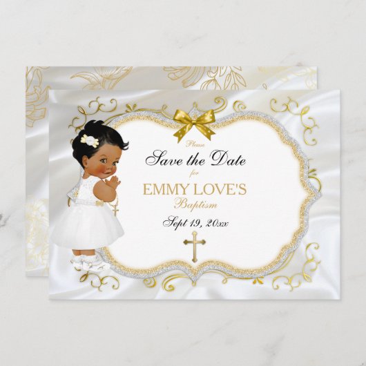 Save The Date Baptême de fille Bébé Enregistrer Date Croix d'or  (Devant / Derrière)