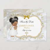 Save The Date Baptême de fille Bébé Enregistrer Date Croix d'or (Devant / Derrière)