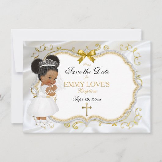 Save The Date Baptême de fille Bébé Enregistrer Date Croix d'or (Devant)