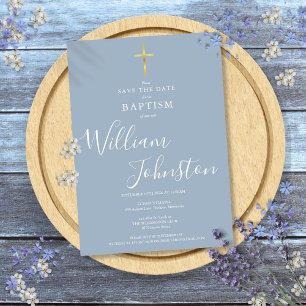 Save The Date Baptême élégant Christening Gold Cross Dusty Blue