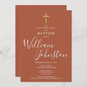 Save The Date Baptême élégant Christening Gold Cross Terracotta (Devant / Derrière)