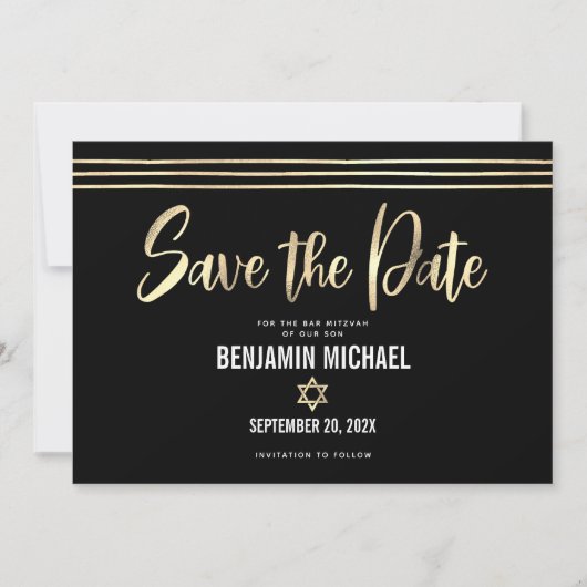 Save The Date Bar Mitzvah Black Gold Foil Script Tallit Moderne (Devant)