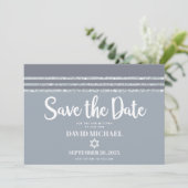 Save The Date Bar Mitzvah Gras Moderne Gris Talit Argent Script (Debout devant)
