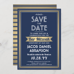 Save The Date Bar Mitzvah Modern Navy Bleu Blanc Faux Or