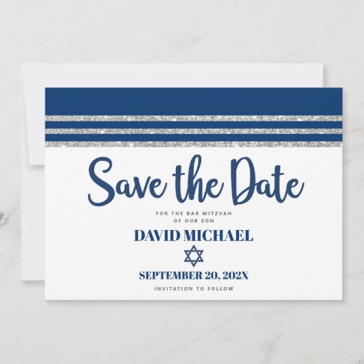 Save The Date Bar Mitzvah Modern Navy Blue Silver Tallit Script (Devant)