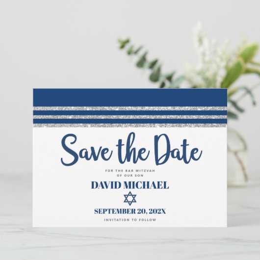 Save The Date Bar Mitzvah Modern Navy Blue Silver Tallit Script (Debout devant)