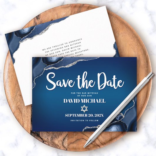 Save The Date Bar Mitzvah Moderne Bleu Nuit Ombré Agate Script