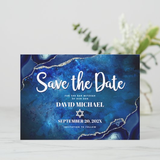 Save The Date Bar Mitzvah Moderne Blue Agate Aquarelle Script (Debout devant)