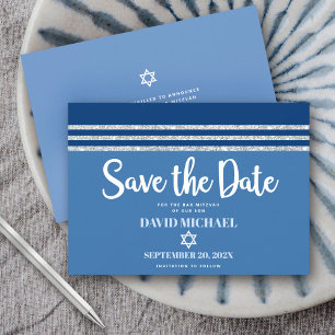 Save The Date Bar Mitzvah Moderne Gras Bleu Argent Tallit Script