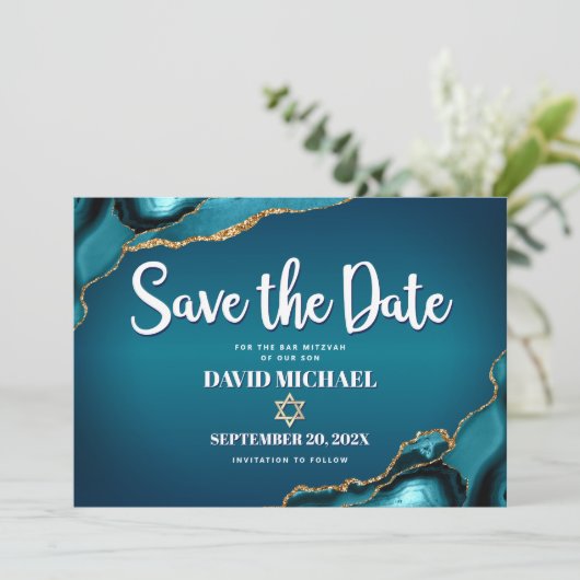 Save The Date Bar Mitzvah Moderne Turquoise Ombre Agate Script (Debout devant)
