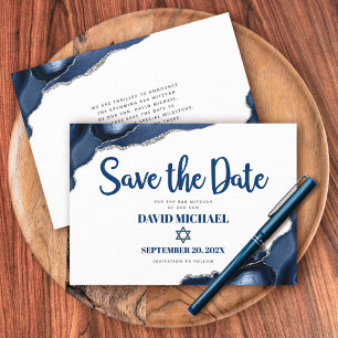 Save The Date Bar Mitzvah Simple Moderne Bleu Marine Agate Scrip