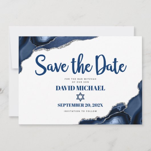 Save The Date Bar Mitzvah Simple Moderne Marine Bleu Agate Scrip (Devant)