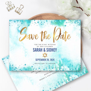 Save The Date Bar Mitzvah Turquoise Aquarelle Or Écriture