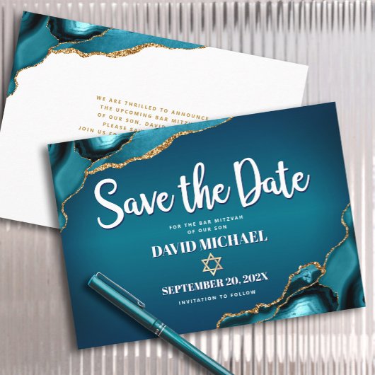 Save The Date Bar Mitzvah Turquoise Moderne Agate Ombrée Script