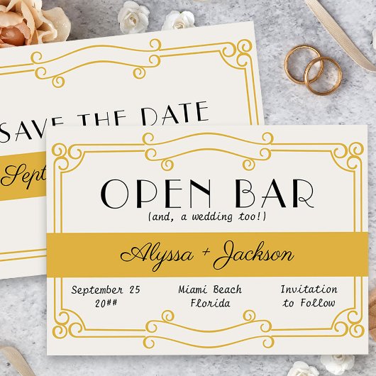 Save The Date Bar ouvert Art Déco ocre jaune et gris