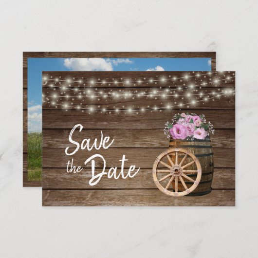 Save The Date Baril Rustique En Bois Et Fleurs Roses - Enregistr (Devant / Derrière)