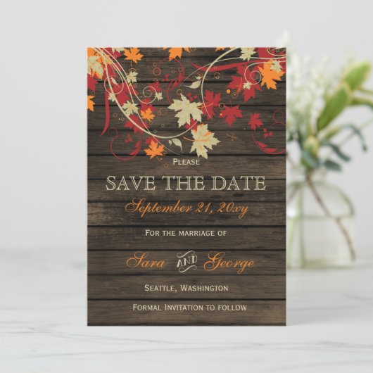 Save The Date Barn Wood Rustic Fall Leaves Mariage enregistrer l (Debout devant)
