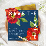 Save The Date Bat mitzvah bleu marine Carré d'aquarelle rouge Fl<br><div class="desc">Assurez-vous que tous vos amis et parents pourront célébrer le Bat mitzvah de votre fille! Envoyez cette aquarelle chic, étonnante, rouge florale avec le type san serif moderne contre un arrière - plan bleu marine, personnalisé "Save the Date" carte faire-part. Faux feuille d'or, couleur rouge florale et une étoile blanche...</div>