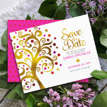 Save The Date Bat mitzvah Chic Gold Rose & Rouge Arbre de vie<br><div class="desc">Assurez-vous que tous vos amis et parents pourront célébrer le Bat mitzvah de votre fille! Envoyez cet étonnant et graphique faux feuille d'or avec rose brillant, orange et rouge étoile de David et pointez "feuilles" sur un arrière - plan blanc, personnalisé "Save the Date" carte faire-part. Une toute petite étoile...</div>